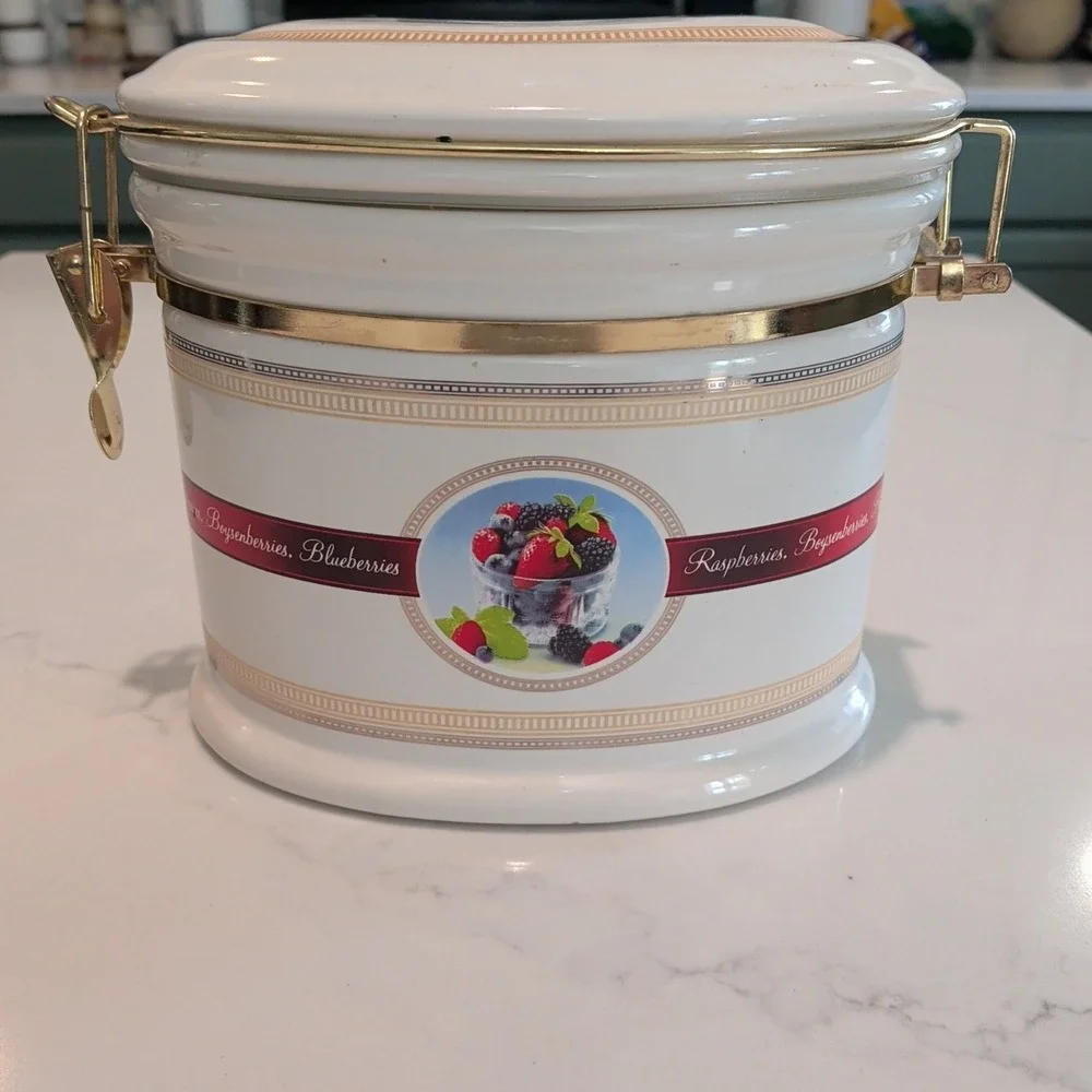 Knott's Berry Farm Goods Ceramic Canister with Brass Style Hinged Lid Vintage